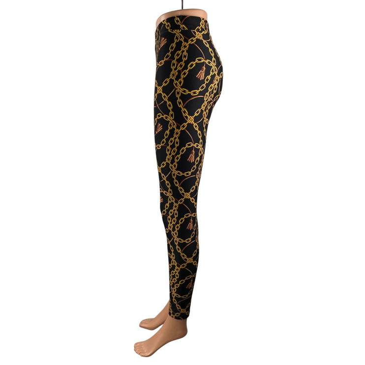 Zara Women's Black Gold Chain Print High Waisted Casual Leggings Pants Size S