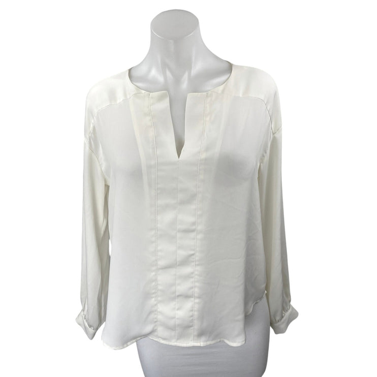 Ann Taylor Women's White Satin Long Sleeve Split V-Neck Shirt Blouse Top Size XS