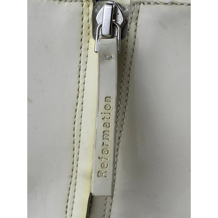 Reformation White Patent Leather Block Heel Square Toe Zip Up Mid Calf Boots 9