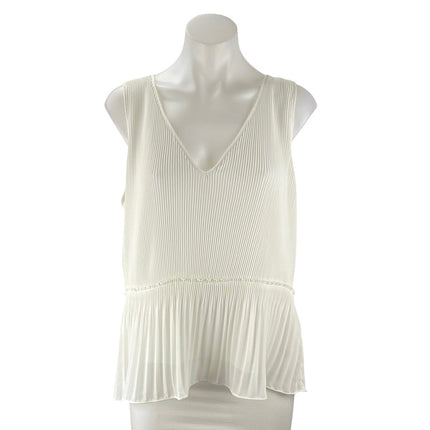 Zara Women's White Sleeveless Tie Plisse V Neck Peplum Tank Blouse Top Size M
