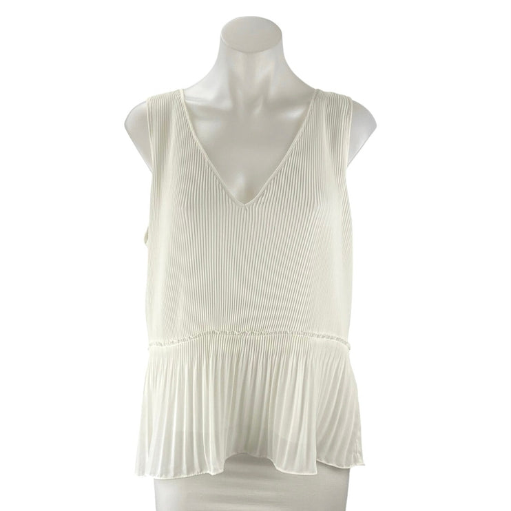 Zara Women's White Sleeveless Tie Plisse V Neck Peplum Tank Blouse Top Size M