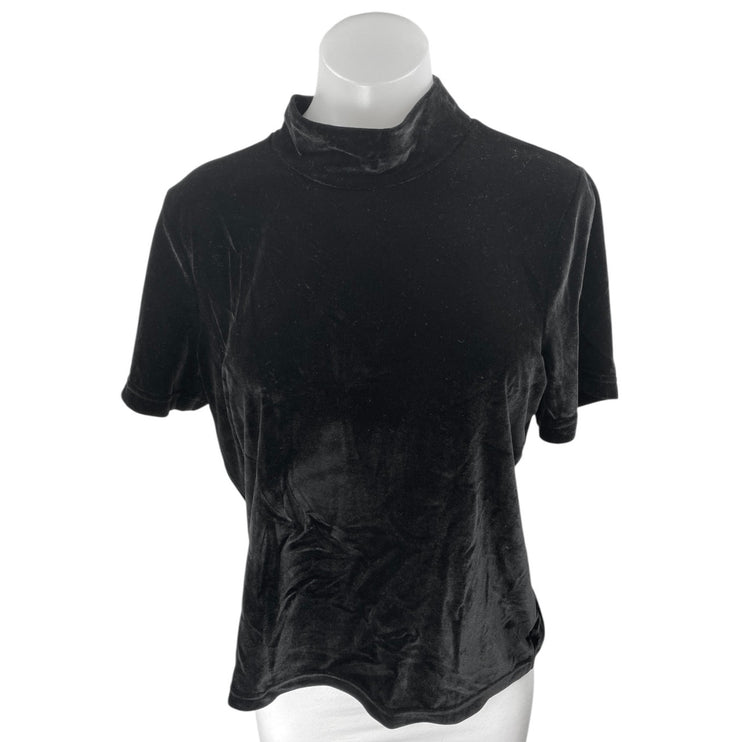 Madewell Women's Black Velvet Velour Mock Neck Short Sleeve Sweater Top Size L