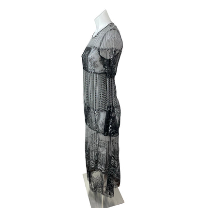 NEW BCBGMAXAZRIA Black Metallic Lace Long Bell Sleeve Maxi Shift Dress Size XXS