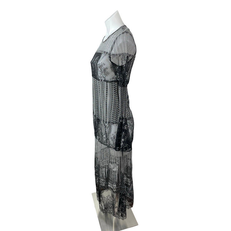 NEW BCBGMAXAZRIA Black Metallic Lace Long Bell Sleeve Maxi Shift Dress Size XXS