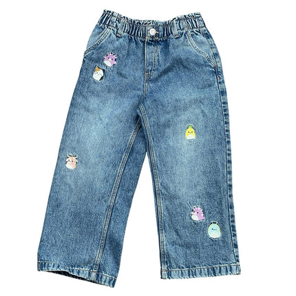 H&M Kids Girls Blue Character Embroidered Straight Wide Leg Denim Jeans Pants 5T