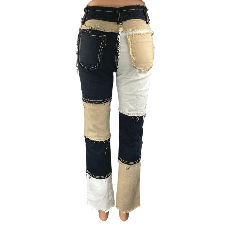 Womens Black Beige Colorblock Patchwork Frayed High Rise Straight Denim Jeans XS