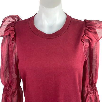 Anthropologie Women's Red Ruffled Long Puff-Sleeve Organza Knit Blouse Top Sz M