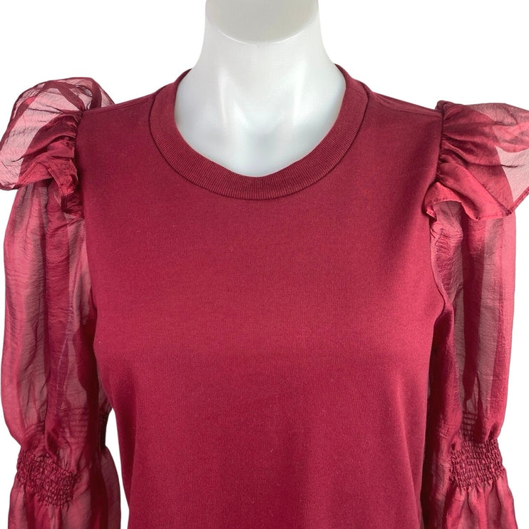 Anthropologie Women's Red Ruffled Long Puff-Sleeve Organza Knit Blouse Top Sz M