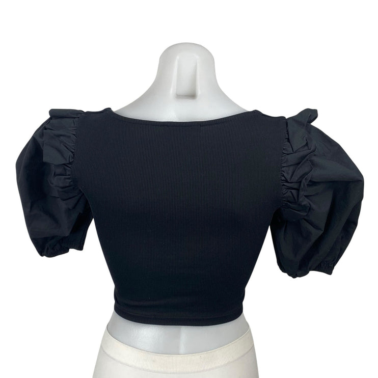 Zara Women's Black Puff Sleeve Square Neck Ribbed Knit Cropped Blouse Top Sz S