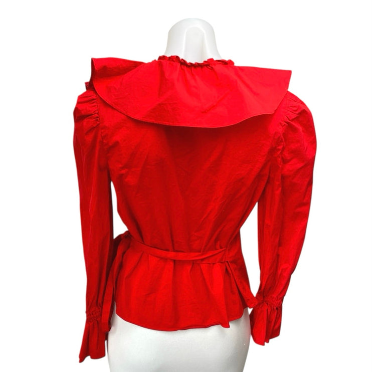 Rachel Parcell Red Long Sleeve Ruffle V Neck Peplum Wrap Blouse Top Size XS