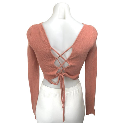 Urban Outfitters Pink Rib Knit Long Sleeve Lace Up Tie Back Crop Sweater Top S
