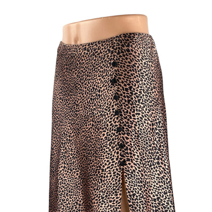 Victoria's Secret Beige Cheetah Silk Satin Side Button Midi A-Line Slip Skirt S