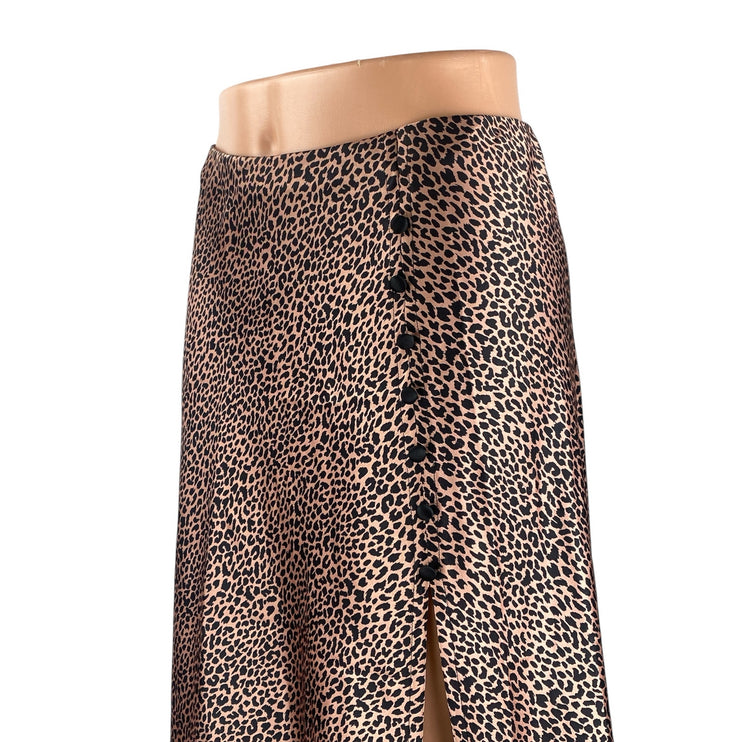 Victoria's Secret Beige Cheetah Silk Satin Side Button Midi A-Line Slip Skirt S
