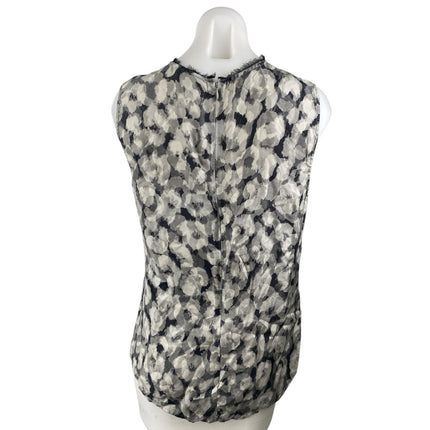 Theory Black 100% Silk Floral Sleeveless Mock Neck Fringe Tank Blouse Top Size M