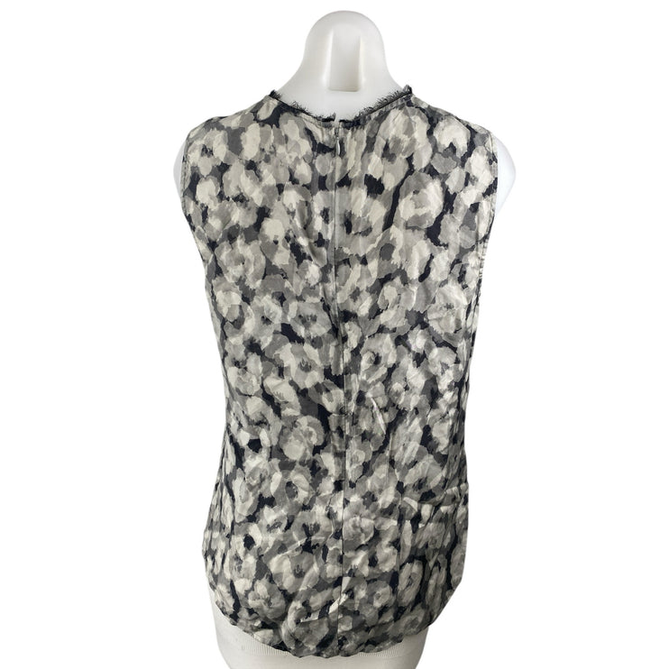Theory Black 100% Silk Floral Sleeveless Mock Neck Fringe Tank Blouse Top Size M