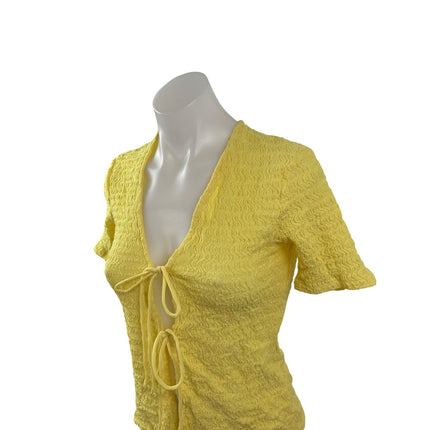 Zara Women's Yellow Smocked Tie Front V Neck Short Sleeve Crop Blouse Top Sz S