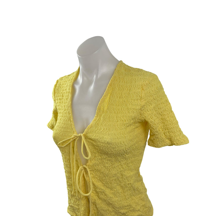 Zara Women's Yellow Smocked Tie Front V Neck Short Sleeve Crop Blouse Top Sz S