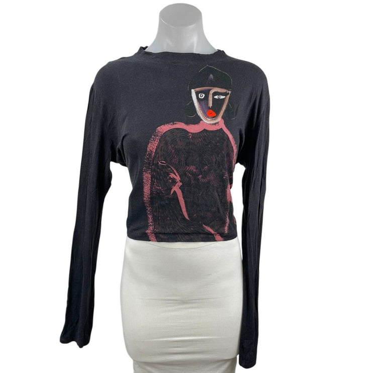 The Kit JLR Sketchbook Black Slim Graphic Art Long Sleeve Crop T Shirt Tee L