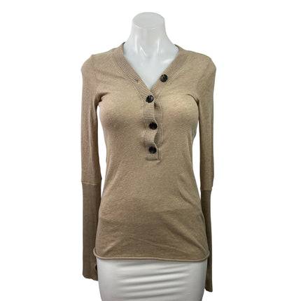 Enza Costa Womens Tan Cashmere Long Sleeve Cuffed V-neck Henley Sweater Top XS