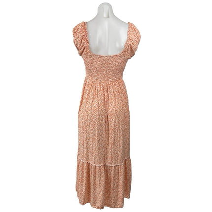 Aeropostale Coral Ditsy Floral Short Puff Sleeve Tiered A Line Midi Dress Size M