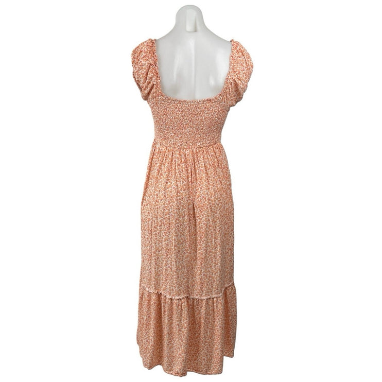 Aeropostale Coral Ditsy Floral Short Puff Sleeve Tiered A Line Midi Dress Size M