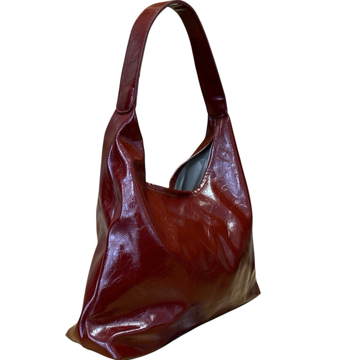 Women's Wine Red Patent Faux Leather Vegan Hobo Y2k Tote Shoulder Handbag OS