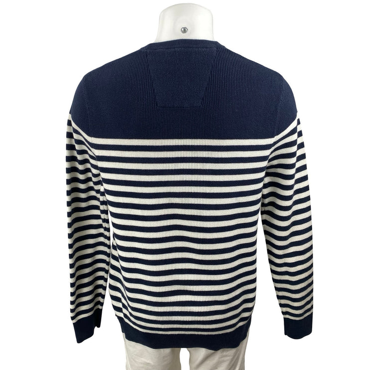 Nautica Men's Navy Blue Striped Logo Crew Neck Long Sleeve Knit Sweater Top L