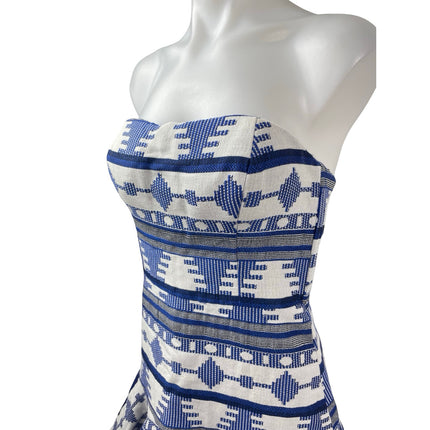 Line and Dot Blue White Aztec Tribal Strapless Sweetheart A Line Mini Dress Sz S