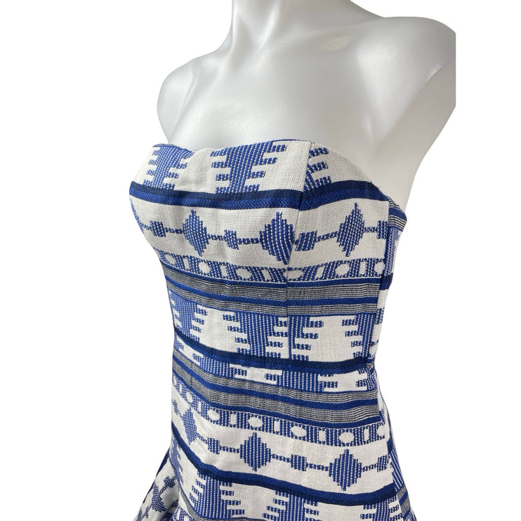 Line and Dot Blue White Aztec Tribal Strapless Sweetheart A Line Mini Dress Sz S