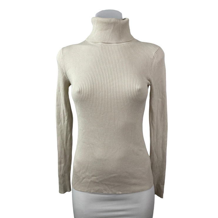 Aritzia Babaton Beige Ribbed Knit Turtleneck Long Sleeve Sweater Top Size XS
