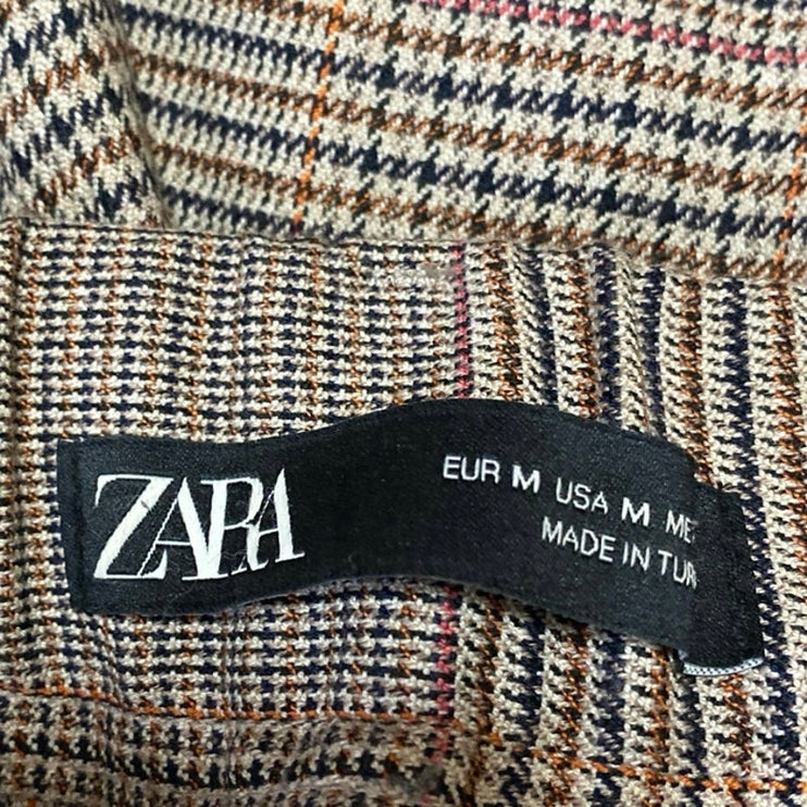 Zara Brown Houndstooth Plaid High Waisted Straight Leg Trousers Dress Pants Sz M