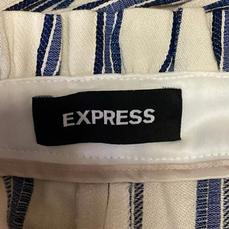 Express Blue White Stripe Ruffle High Rise Straight Leg Paperbag Trouser Pants 2