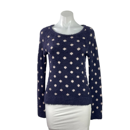 Anthropologie Moth Navy Blue Polka Dots Fuzzy Eyelash Knit Long Sleeve Sweater M