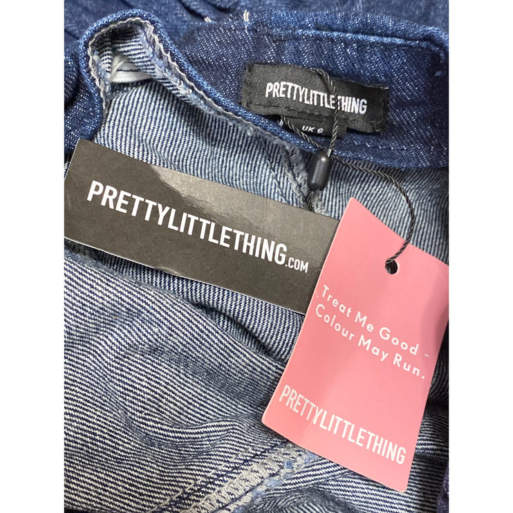 NEW PrettyLittleThing Blue Strapless Tube Bandeau Ruffle Mini Denim Jean Dress 2