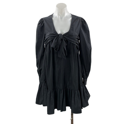 NEW Zara Black Taffeta Style Long Puff Sleeve Front Tie Bow Ruffles Mini Dress S