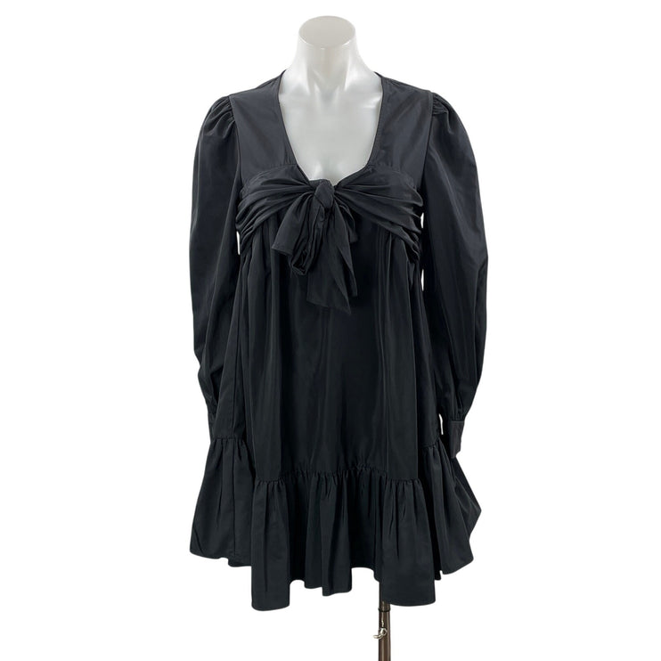 NEW Zara Black Taffeta Style Long Puff Sleeve Front Tie Bow Ruffles Mini Dress S