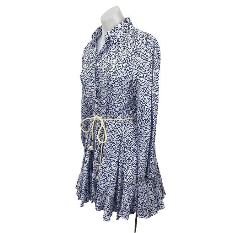Zara Women's Geometric Long Sleeve Button Up Rope Belt Mini A-Line Shirt Dress S
