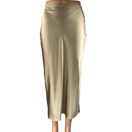 Old Navy Gold Metallic Silky Satin High Waist Slit Midi Straight Pencil Skirt XS