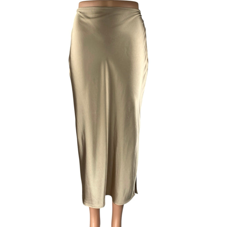Old Navy Gold Metallic Silky Satin High Waist Slit Midi Straight Pencil Skirt XS