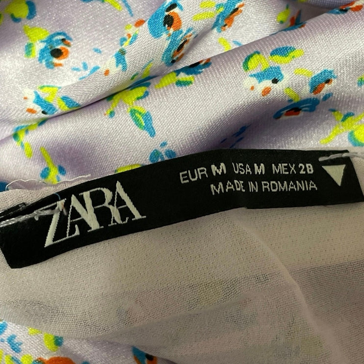 Zara Purple Silky Satin Floral Puff Sleeve Lace Up Back Mini Casual Dress Size M