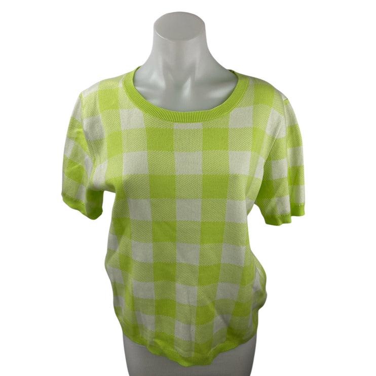 J.Crew Womens Green Knit Checkered Plaid Crew Neck Short Sleeve Sweater Top Sz M