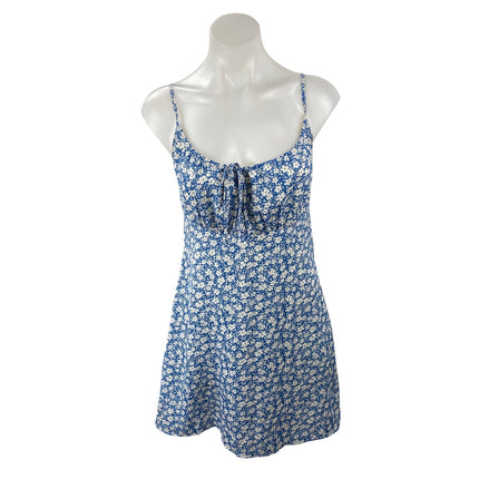 Lulus Blue Floral Shirred Sleeveless Tie Scoop Cami Camisole Mini Slip Dress S