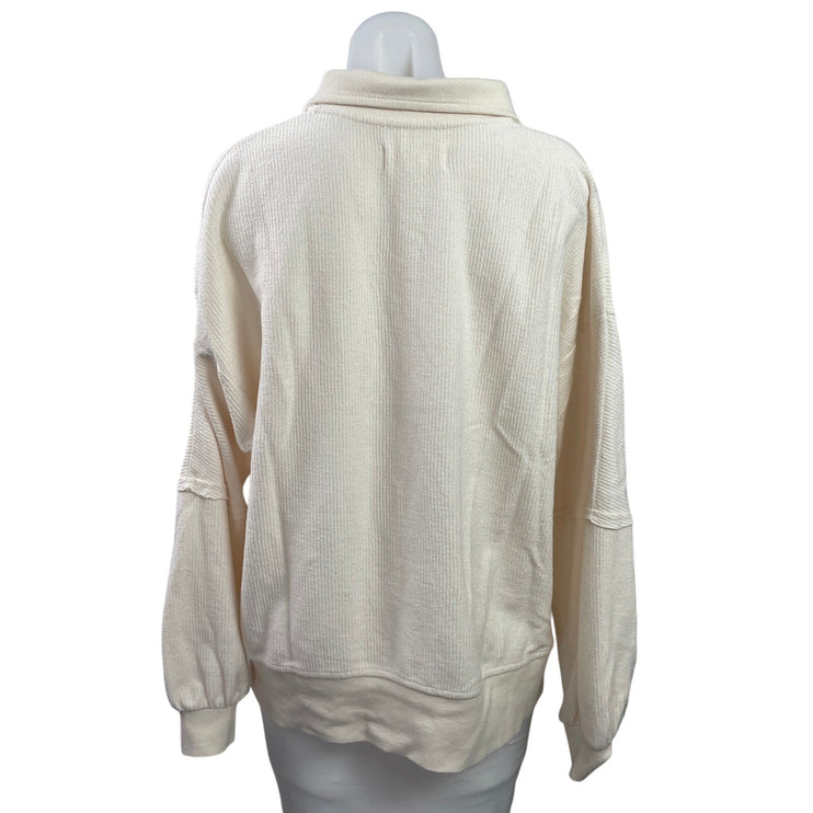 Thread + Supply Women's Cream Long Sleeve Snap Rib Knit Polo Sweatshirt Top M