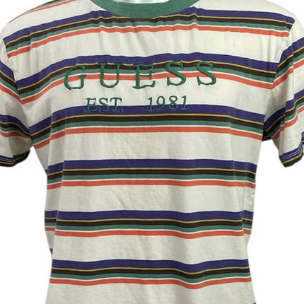 Guess Men's Multicolor Striped Short Sleeve Logo Crewneck Embroidered Tee Size M