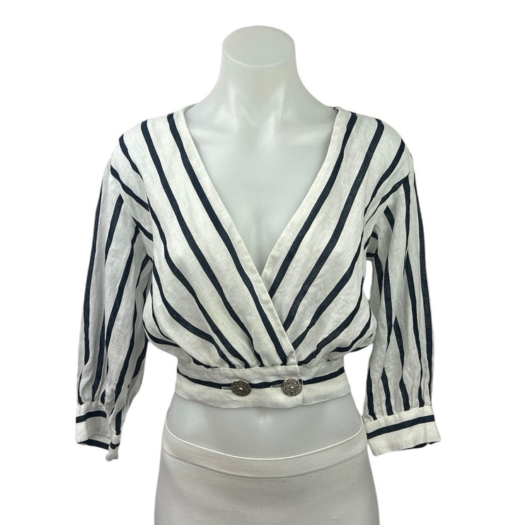 Zara Women's White Striped V-Neck Long Balloon Sleeve Blouse Cropped Top Sz XS