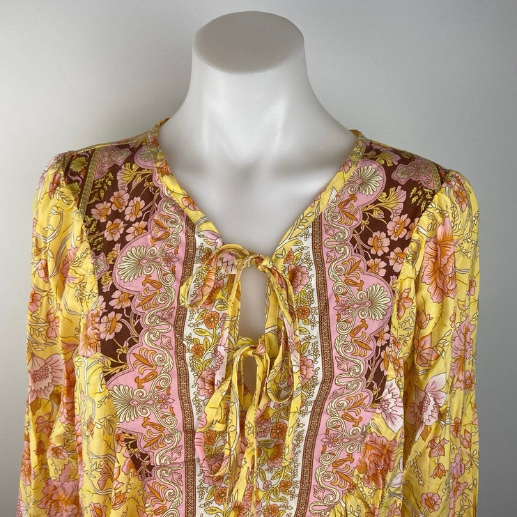 Kaywide Yellow Floral Tie V-Neck Long Sleeve Lace-up Boho Blouse Tops Shirts M