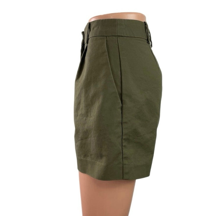 Zara Women's Green High Rise Pleated Cuffed Chino Khaki Mini Shorts Size XS