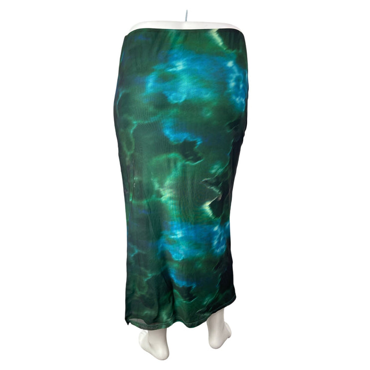 Princess Polly Women's Mesh Tie Dye Abstract Slit Midi Flare Bodycon Skirt Sz 14