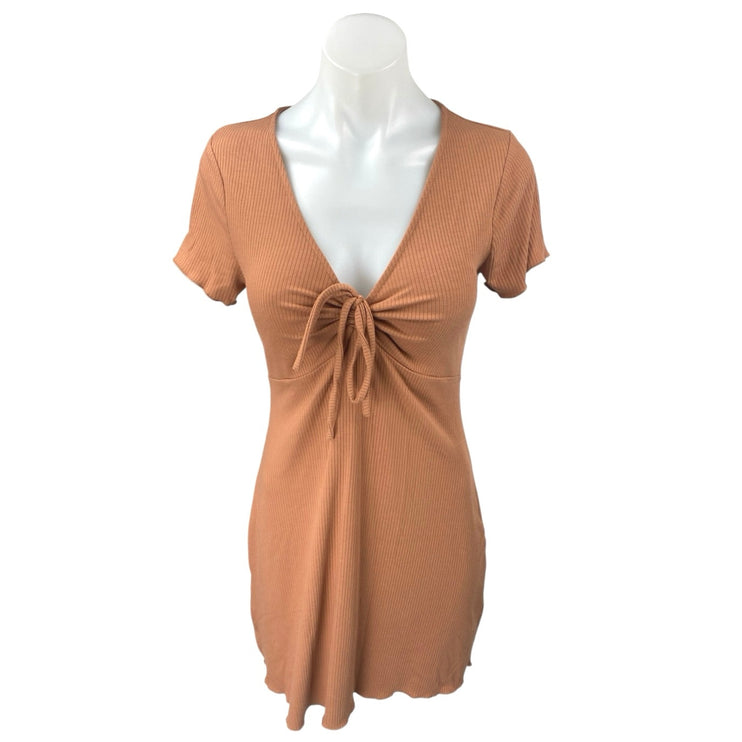 BP. Brown Short Sleeve Ribbed Knit Tie Ruched Lettuce Mini A Line Dress Size M
