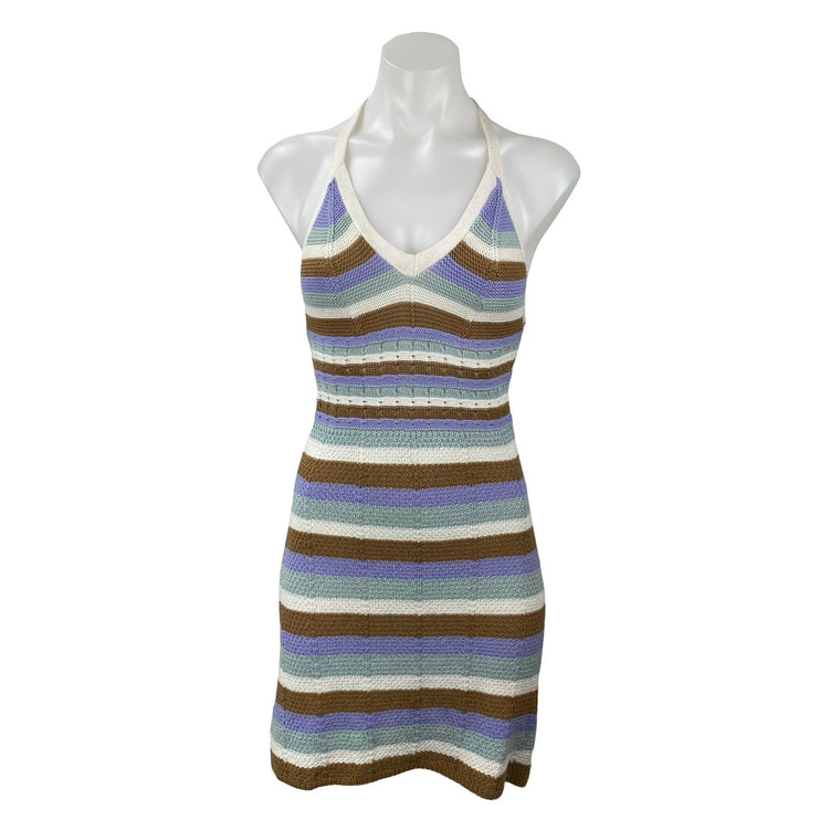 No Comment Multicolor Striped Knit Halter Backless V Neck Mini Bodycon Dress S